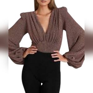 PatBO Lurex Plunge Bodysuit Bronze Metalic Party Birthday Celebration Event Top